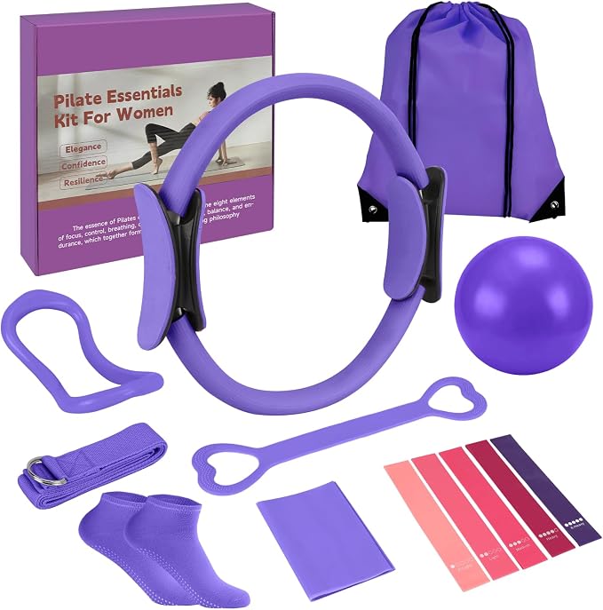 SANLIKE Home Pilates Essentials Kit for Women, Pilates Equipment Ring and Ball Set, 12'' Magic Circle, Yoga Ball,8 Resistance Bands Premium Accessories Kits for Starter Toning Workouts at Home