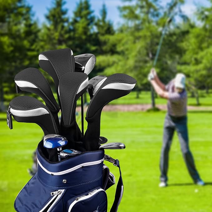 Andux 3pcs/Set Golf 460cc Driver Wood Club Head Covers Long Neck | for Driver Fairway Wood with Interchangeable No. Tags Mesh Breathable material Coloured Piping Pull-On Closure