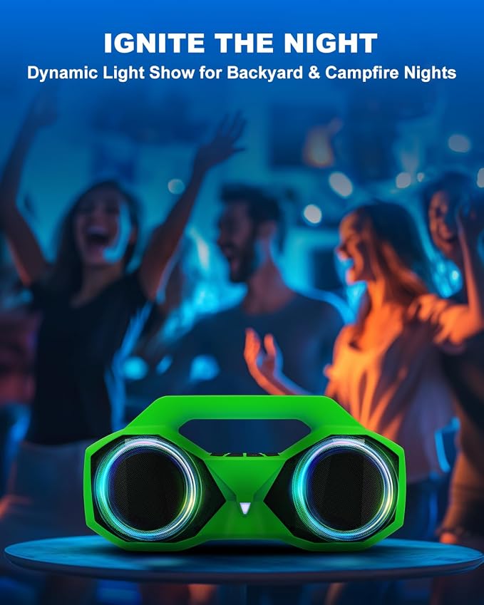 OZJ Bluetooth Speaker Outdoor Loud: 80W(Peak) with Bass, Portable Wireless Speaker with IPX7 Waterproof, 20H Playtime, RGB Lights, TWS for Outside, Beach, Work (Green)
