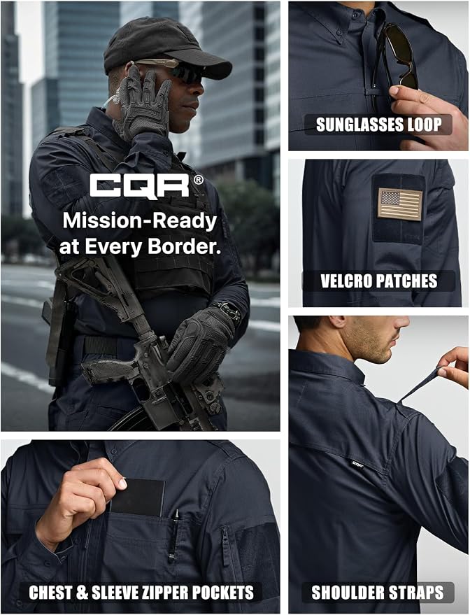 CQR Men's Long Sleeve Tactical Shirts, Ripstop Military Work Shirts, UPF 50+ Breathable Button Down Outdoor Hiking Shirt