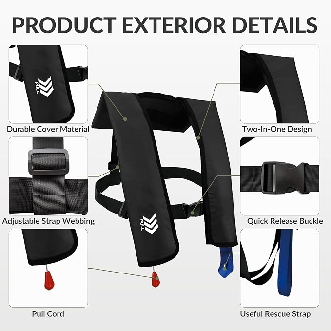 Automatic Inflatable Life Jackets for Adults Life Vests PFD Low Profile Load Capacity Up to 330lbs
