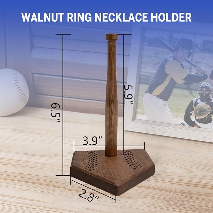 Walnut Wooden Baseball Softball Championship Ring Holder, Softball Ring Organizer Display, Solid Wood Baseball Ring Holder Gift for Boys Girls, Baseball Accessories Storage - Single
