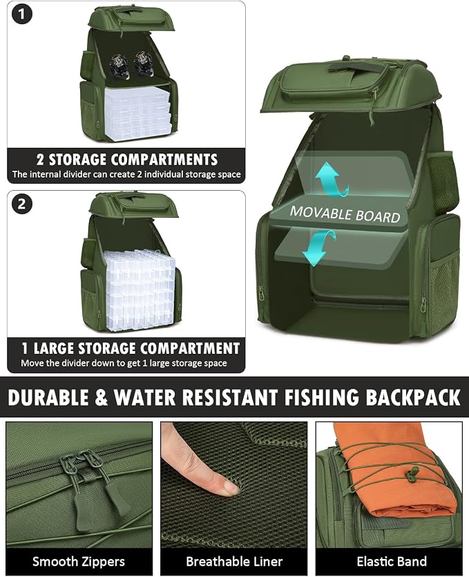HAMBOLY Fishing Backpack with Tackle Boxes, 50L Fishing Tackle Bag with Cooler & Rod Holders, Waterproof Tackle Bag for Men