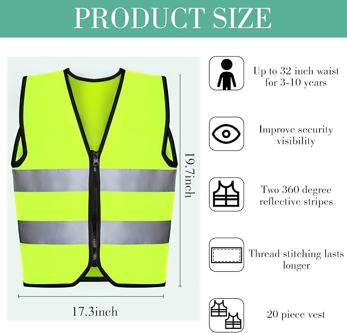 Unittype 20 Pcs Kids Reflective Safety Vest High Visibility Children Neon Vest with Zipper Construction Traffic Vest with Reflective Strips for Kids Aged 3-10, Cycling, Running, Green
