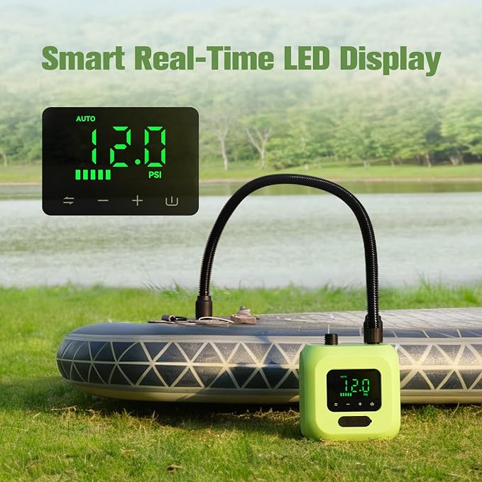 Electric SUP Air Pump with Battery, 20 PSI High Pressure Rechargeable Paddle Board Pump, Dual Stage Inflation, Auto Shut-Off for Kayak, Kite Wings, Tents & Air Mattresses
