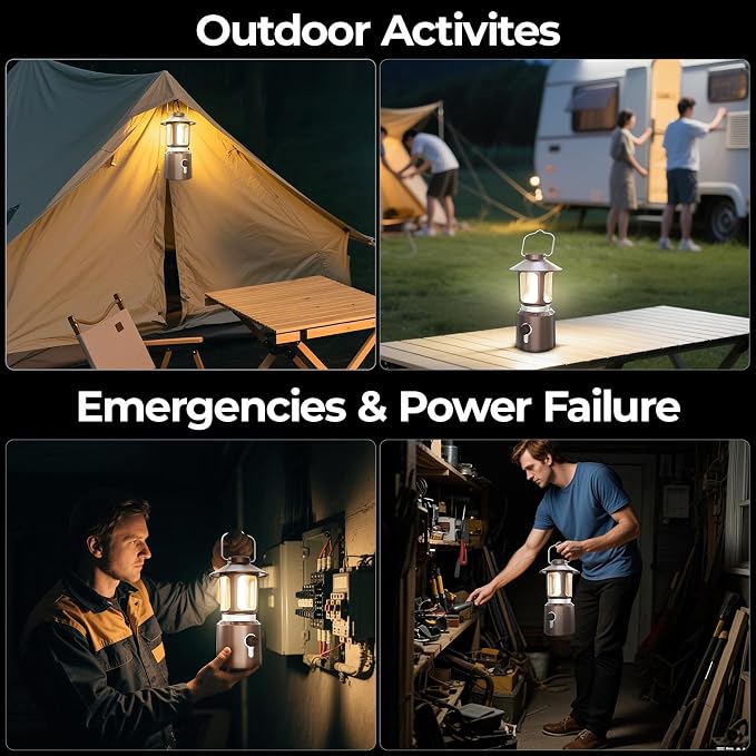 LED Camping Lantern, 8000mAh Telescopic Vintage Rechargeable Lantern, Dual Light Source & 3 Light Modes (2000K-6500K), 360° Lighting Emergency Lights for Camping, Home Power Outage, Hurricane, Hiking