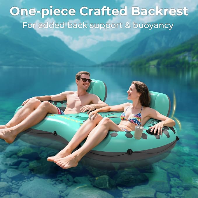 2-Person Inflatable River Tube, Heavy Duty Tube Float for River Pool Lake Beach w/Built-in Cooler & Cup Holders, Ergonomic Backrest, Durable Handles & Grab Rope, 660lb Weight Capacity
