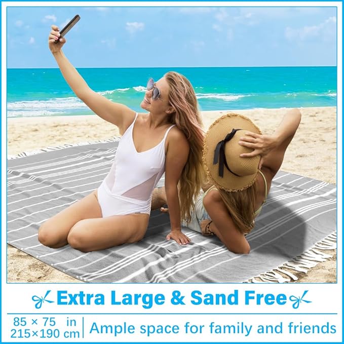 Vikumond Oversized Turkish Beach Towel Blanket XXL Cotton Sandproof Towels Boho Woven Extra Large Big Sand Free Giant Throw Blankets Huge Quilt XL Picnic Camping Necessities Cloud for Adult Gifts