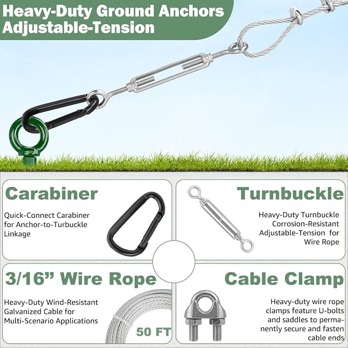 4 Pack 30" Shed Anchor Kit, Triple Helix Ground Earth Anchors with 50 FT 3/16" Galvanized Cable, 4 Turnbuckles & Drill Adapter, Green Auger Anchor for Canopy Gazebo Trampoline Swing Set