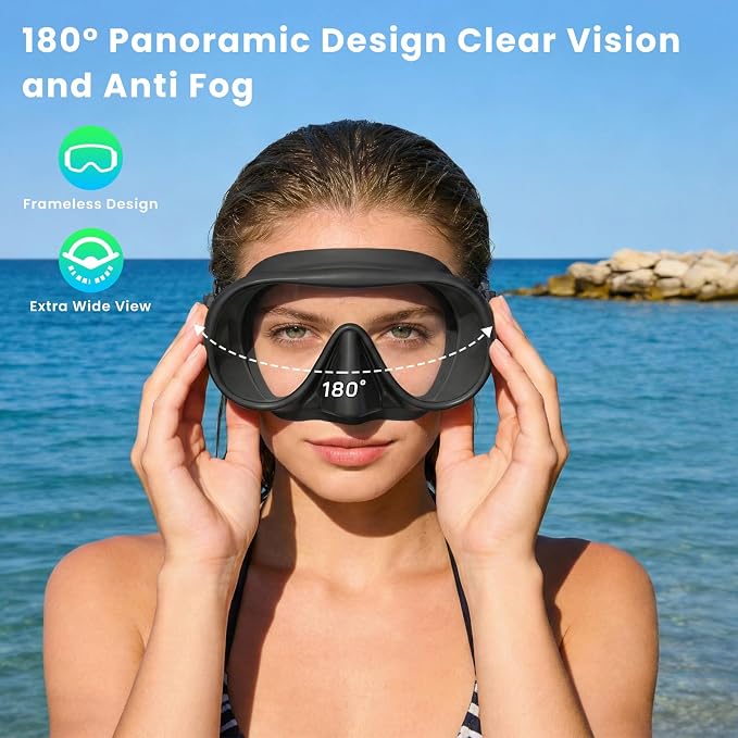 Snorkeling Gear for Adults, Snorkel Set Adult, Scuba Diving Mask, Panoramic View Anti-Leak Anti-Fog Dive Swimming Goggles Tempered Glass Panoramic Wide View Travel Portable Foldable