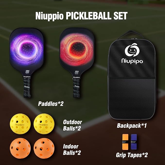 niupipo Pickleball Paddles Set of 2 or 4, USAPA Approved Fiberglass Pickleball Paddle Set with Balls and Bag, Polypropylene Honeycomb Core, Lightweight Pickleball Paddles for Beginners Men Women