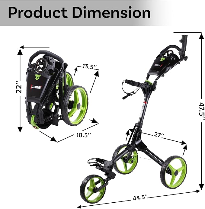 CUBE CART 3-Wheel Golf Push Cart – Ultra-Compact 14.5 lb Folding Golf Trolley, Two-Step Fold, Adjustable Handle, Foot Brake, Umbrella Holder & Built-in Storage