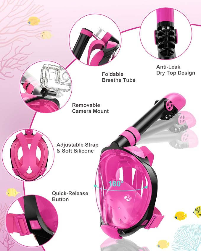 Viginsul Mask Fins Snorkeling Gear for Adults, Full Face Snorkel Mask & Adjustable Swim Fins Snorkel Set, Panoramic View Snorkel Mask Dry Top Anti-Fog Anti-Leak