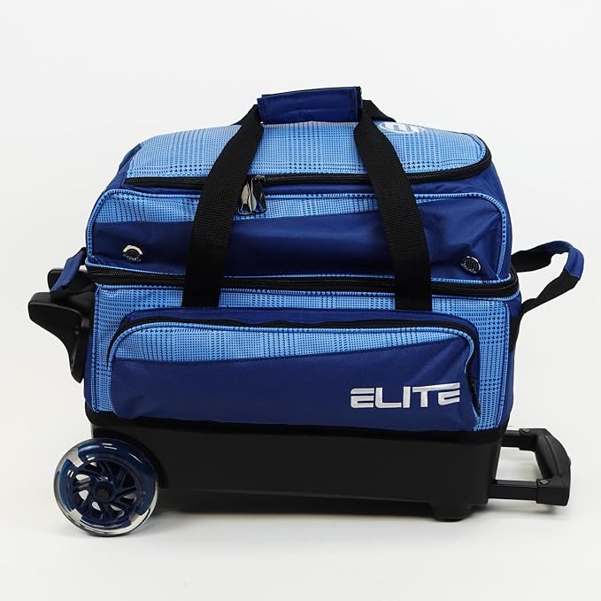 ELITE Deluxe 2 Ball Bowling Bag with 5" Smooth Wheels - Large Accessory Pocket, Shoe Compartment, 36" Extendable Handle