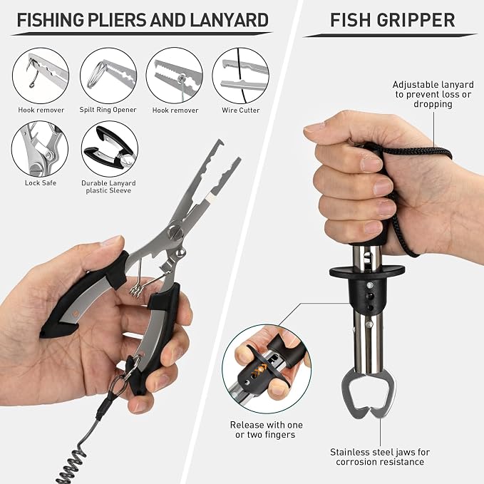 THKFISH Fishing Tool Kit, Backpack and Tackle Box with Tackle Included Lures Hooks Sinkers Accessories Kit,Pliers, Fish Lip Gripper, Fishing Gear and Fishing Gift for Men