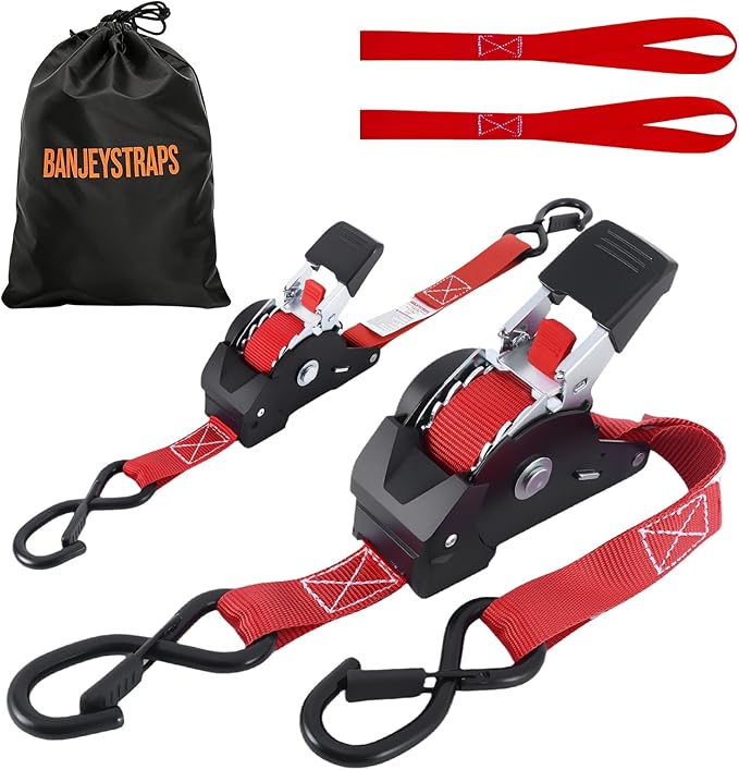 Ratchet Strap Retractable 1" x 10' - 2 Pack, Auto Self Retracting Tie Down Straps with Heavy Duty Ratchet (1540lbs Break Strength), for Motorcycle, ATV, UTV, Truck Cargo