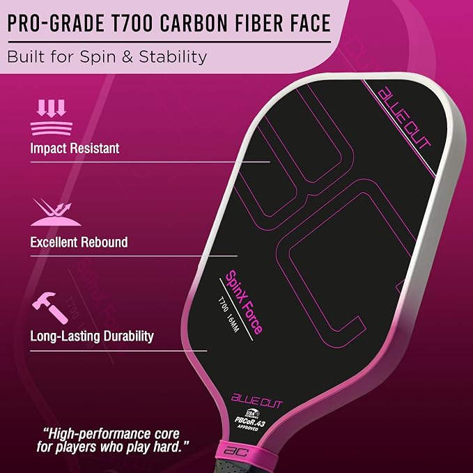 Blue Cut Pickleball Paddle – USAPA Approved Pickleball Paddles Racket with T700 Carbon Fiber, 16mm Honeycomb Core, Spin Surface, Pro Power Speed & Control – Includes Carry Bag