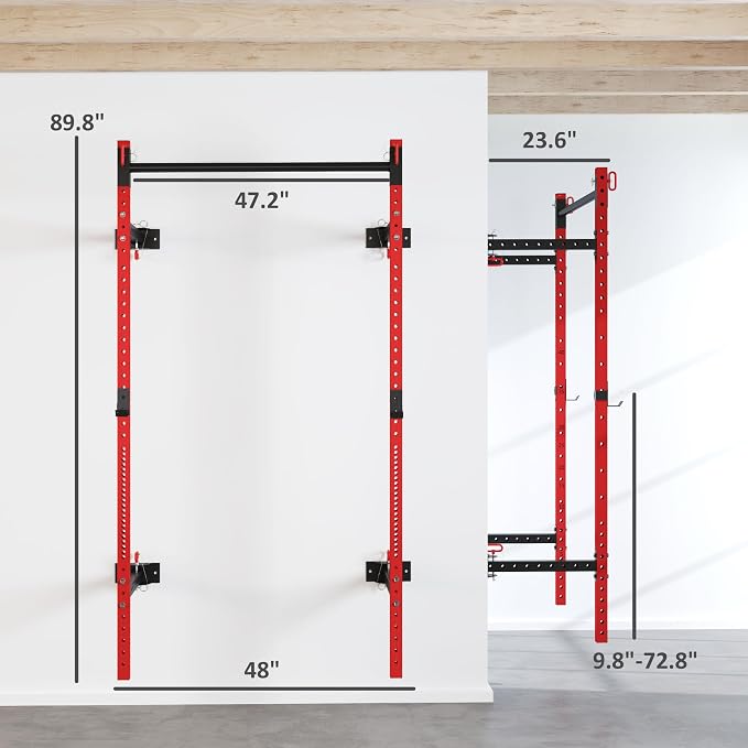 Soozier Folding Squat Rack with Adjustable Pull-Up Bar, 1000 Pounds Capacity Wall Mounted Power Rack, Adjustable Steel Barbell Rack with J Hooks for Home Gym Full Body Workout