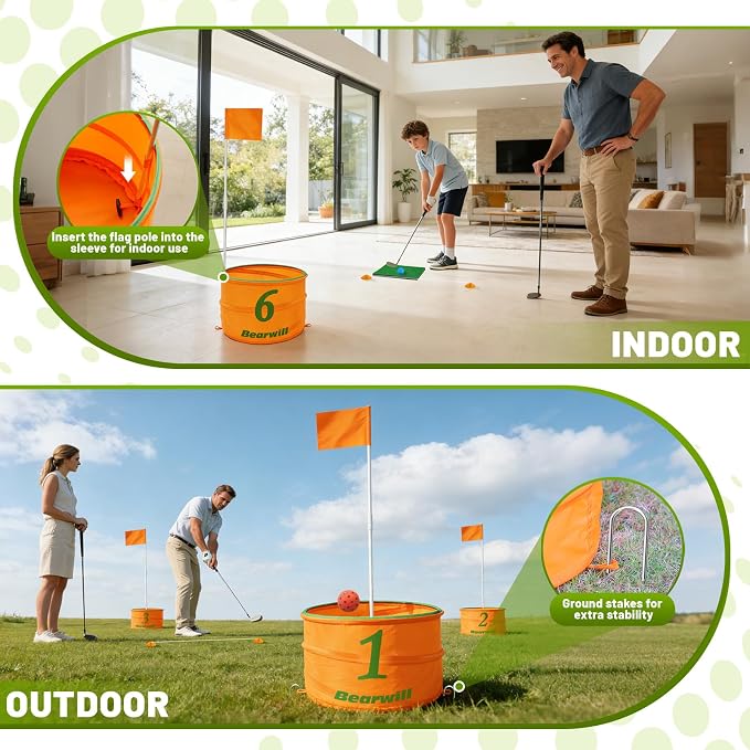 Bearwill Golf Bucket Game for Family, Adults and Kids Portable 6 Hole Golf Course with Balls and Flag, Outdoor Indoor Golf Yard Game for Park, Beach, Lawn, Camping