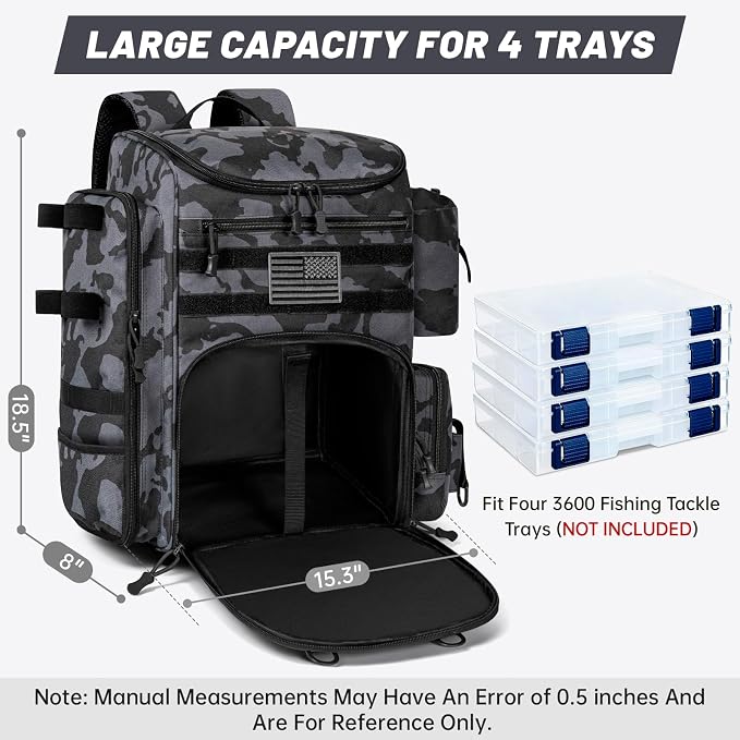40L Fishing Backpack Water Resistant Fishing Tackle Bag with 2 Rod Holders, Tackle Storage Bag for Anglers（Black camo,Bag Only