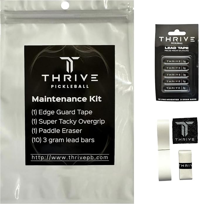 Thrive Pickleball Paddle Maintenance Kit - Includes Paddle Eraser - (10) 3g Lead Weight Bars - (1) Super Tacky Overgrip - (1) Edge Guard Tape (fits up to 16mm, No Logo)