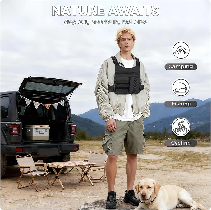 Criuage Outdoor Chest Bag for Men, Lightweight Adjustable Running Vest, Water Resistant EDC Chest Pack with Water Bottle Pocket, Breathable Back Pad for Hiking Cycling Fishing Travel (Black)