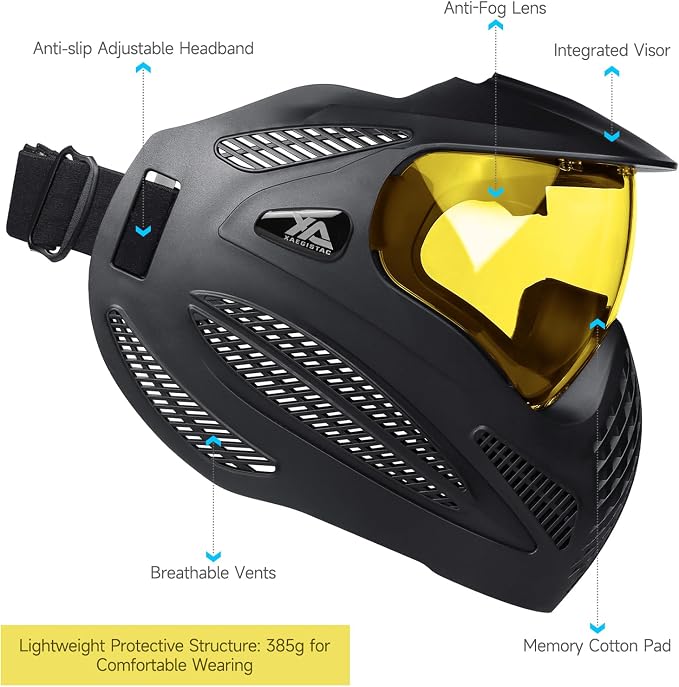 Xaegistac Paintball Mask-Intergrated Sun Visor Airsoft Mask, Wide Field of View, Anti Fog, Adjustable Headband for Paintball, Airsoft