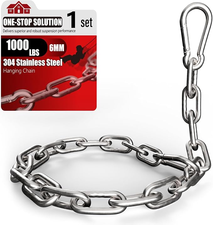 sprookber 1000LB Heavy Duty Hanging Swing Chain, 6mm Thick 304 Stainless Steel Hanging Chain with 2 Carabiners, 25" Hardware Kit for Hammock, Hanging Chair, Punching Bags, Tree, Indoor & Outdoor