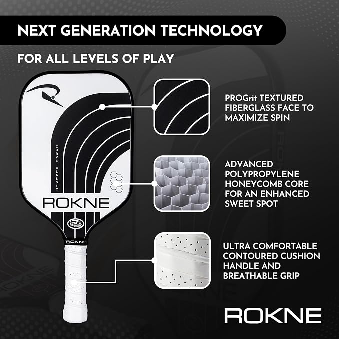 ROKNE Curve Classic Pickleball Paddle | USAPA Approved Fiberglass Pickleball Paddles | Precision Engineering & Comfort | ProGrit Texture for Max Spin & Power | Paddle