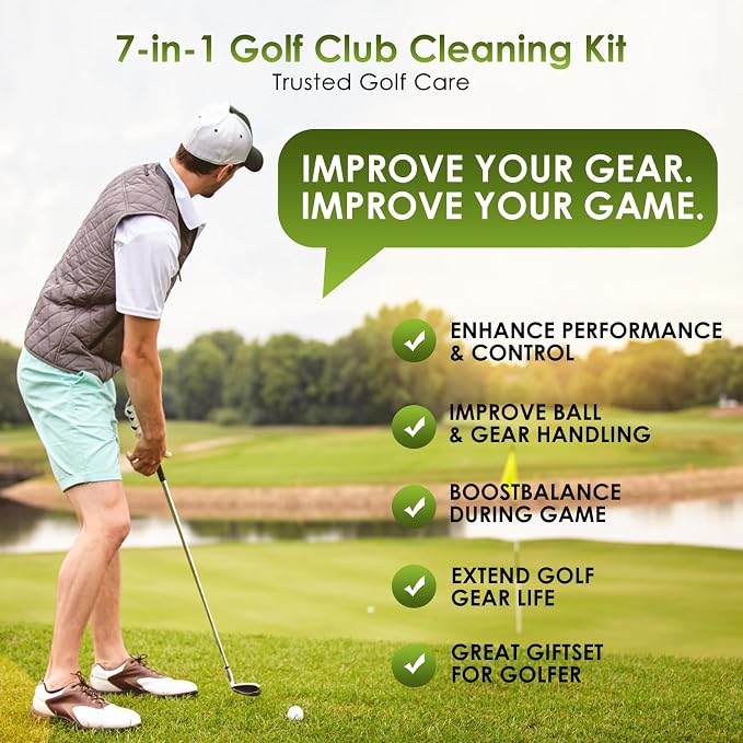 7-in-1 Golf Club Cleaning Kit - Club Cleaner, Grip Cleaner, Polish, Water-Spray Brush, Groove Cleaner, Magnetic Towel & Portable Bag | Restores Clubs, Removes Rust/Scratches, Renews Tackiness