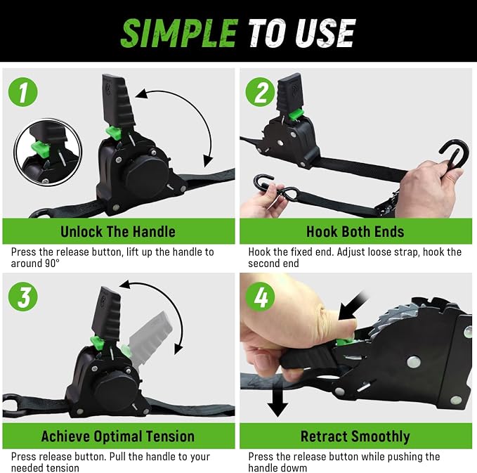 Retractable Ratchet Straps(4 Pack) - 1in x 10ft Self Retracting Ratchet Straps with Soft Loops, 1,500 lbs Break Strength Retractable Tie Down Straps, Easy Retract for Motorcyle, Cargo, Truck, Trailer