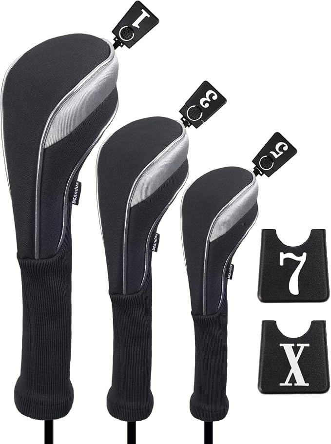 Andux 3pcs/Set Nylon Golf Wood Club Head Covers with Long Neck | for 460cc Driver Fairway Wood Club Silver Piping Pull-On Closure