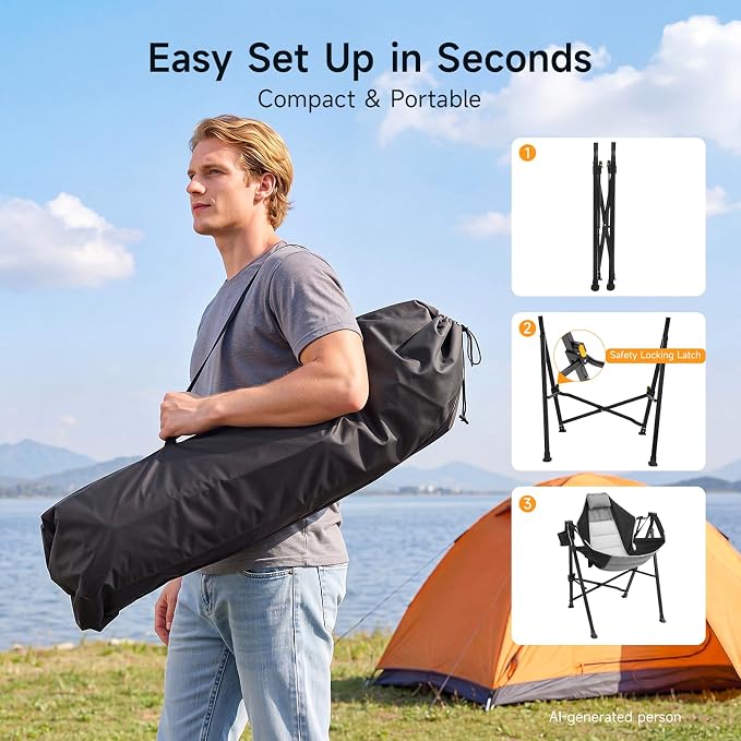 Hammock Camping Chair Set of 2 with Adjustable Backrest, 400lbs Heavy Duty Portable Swing Chair Outdoor with Headrest and Cup Holder, Foldable Camping Chair for Camping, Travelling, Patio, Lawn, Black