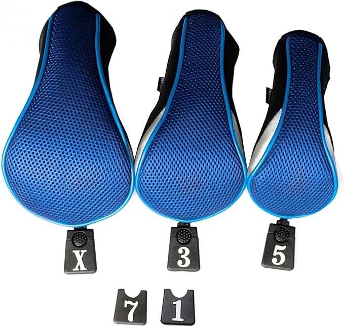 Andux 3pcs/Set Golf 460cc Driver Fairway Wood Club Head Covers | with interchangeable NO. Tags | Mesh Breathable material | Short Neck | Coloured Piping | Pull-On Closure