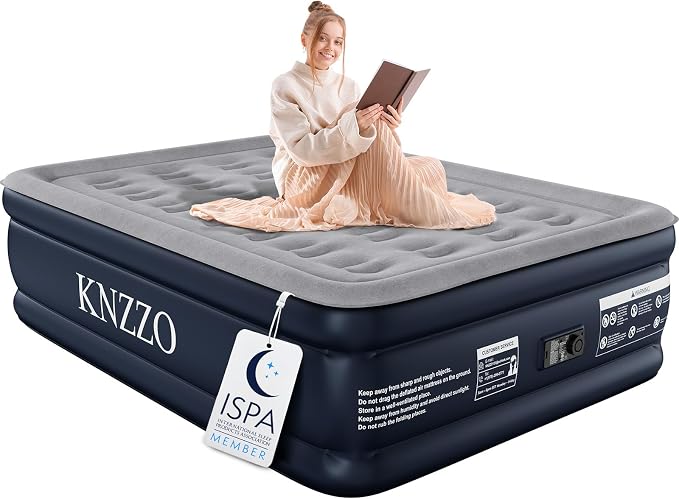 KNZZO Full Air Mattress with Built-in Pump, 18" Top Inflatable Mattress with Waterproof Flocking Fabric, Three-Minute Quick-Inflatable Bed. Portable Blow Up Mattress for Home, Outdoor and Guests