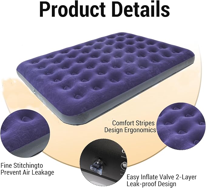 Onirii Queen Size Double Camping Air Mattress Bed with Air Pump | 80"x 60"Thickened Portable Inflatable Mattress Blow Up Air Mattress,Travel Sleeping Bed Pad for Camping Home Hiking