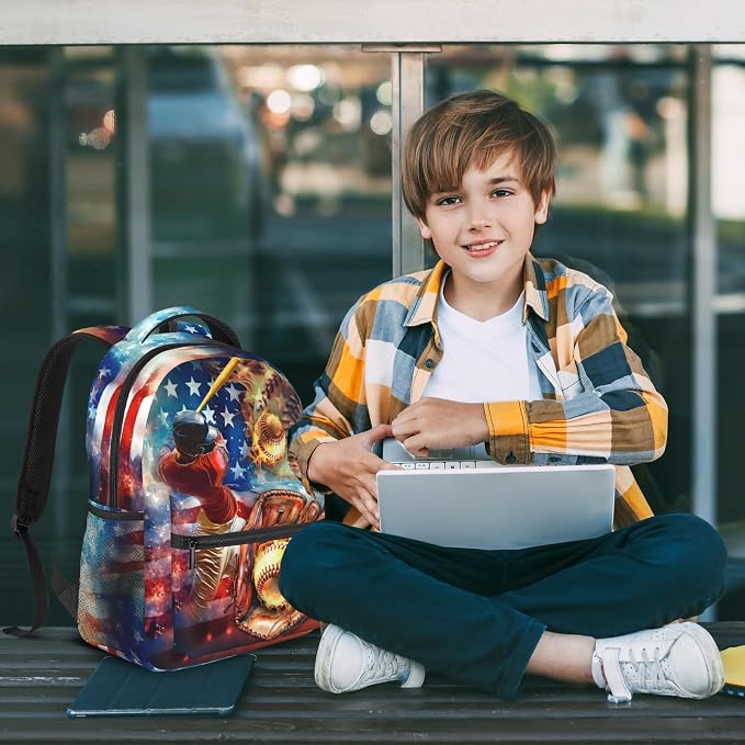 Baseball School Backpack for Boys Sports American Flag Baseball Boys Backpack for Kids Children Teens Ages 6-18 Elementary Middle School Students Bookbag Travel Back Pack