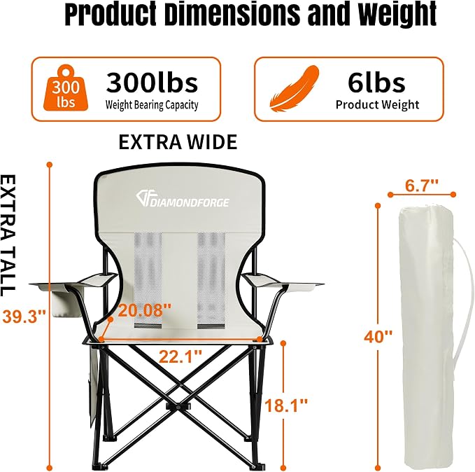 Camping Chair, 300 LBS High Back Breathable Mesh Lawn Chairs Folding (Gray) | Portable Outdoor Folding Camping Chair for Adults, with Cup Holder for Picnic, Lawn, Beach, Park, Fishing and Sports