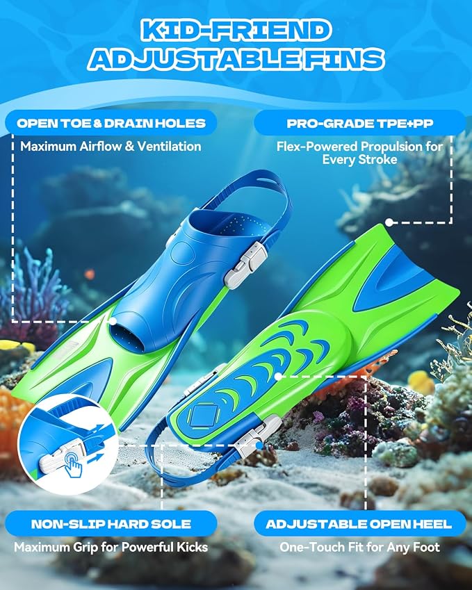 Aegend Snorkeling Gear for Kids Youth – 4-in-1 Snorkel Set with Anti-Fog Mask, Dry Snorkel & Adjustable Fins for Swimming, Diving, Snorkeling, Beach Vacation – Includes Travel Mesh Bag