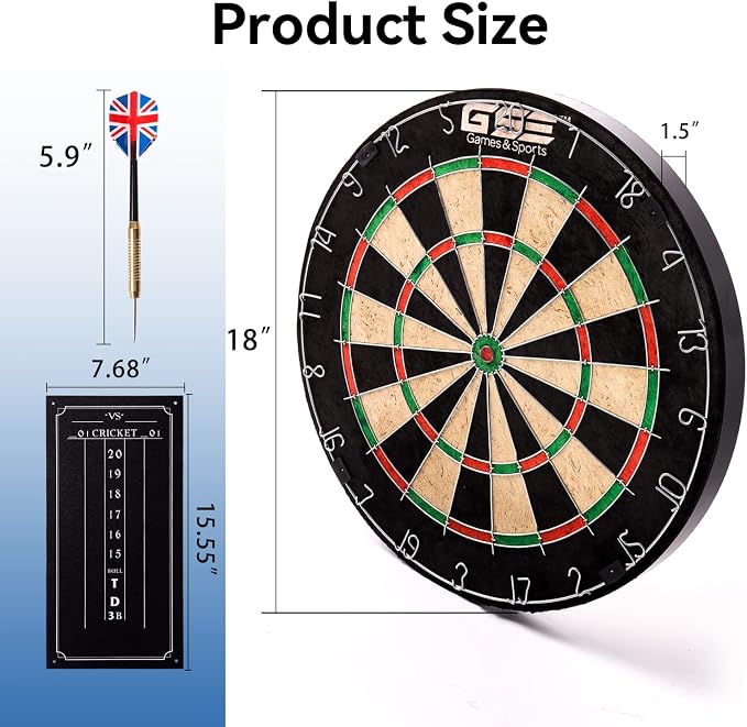 GSE Games & Sports Expert 18" Regulation Size Steel Tip Dartboard Game Set. Excellent Bristle/Sisal, Paper Baseball, Bullseye, Dart Board Game Set (Several Styles Available)
