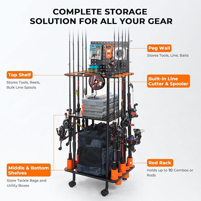 KastKing V10 Gear Trolley, Indoor Fishing Rod Holder for 10 Combos, 3-Tier Fishing Accessory Shelves With Peg Wall, Patented Built-in Line Spooler, Mobile Tackle Storage Cart With Locking Wheels