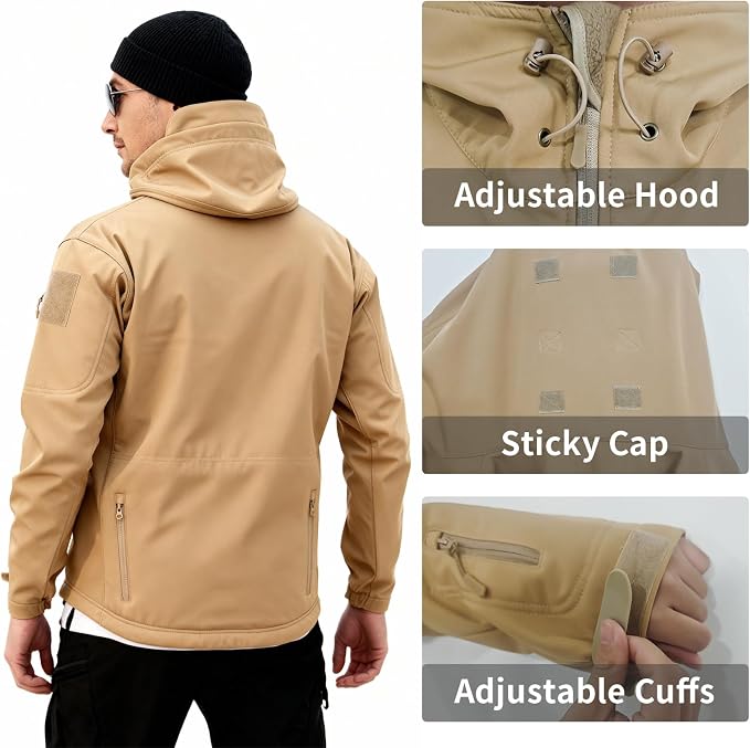 Men's Military Tactical Jacket Fleece Lined Hooded Mens Softshell Jacket Waterproof Windproof and Warm Winter Coat