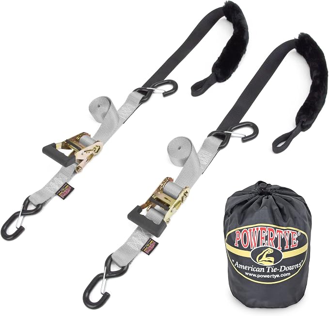 PowerTye 1.5in x 7ft Rubber Handle Ratchet Straps with SHEEPTEX Synthetic Sheepskin Soft-Tye w/Heavy Duty Latch-Hooks - 1,200 lb. WLL / 3,600 lb. Breaking Strength - Made in USA, Silver (Pair)