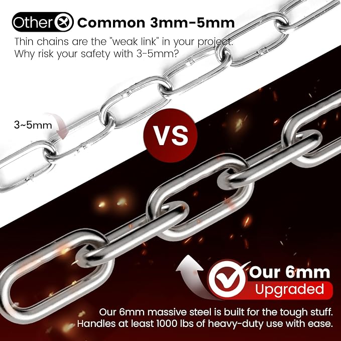 sprookber 1000LB Heavy Duty Hanging Swing Chain, 6mm Thick 304 Stainless Steel Hanging Chain with 4 Carabiners, 25" Hardware Kit for Hammock, Hanging Chair, Punching Bags, Tree, Indoor & Outdoor