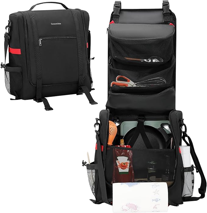 Camp Kitchen Organizer, Hanging Cooking Tools Storage Caddy Bag with Paper Towel Holder & Multi-Pockets, Portable Camping Utensils Kitchen Cookware Bag, Car Travel, Picnic, BBQ Essentials Camping Gift