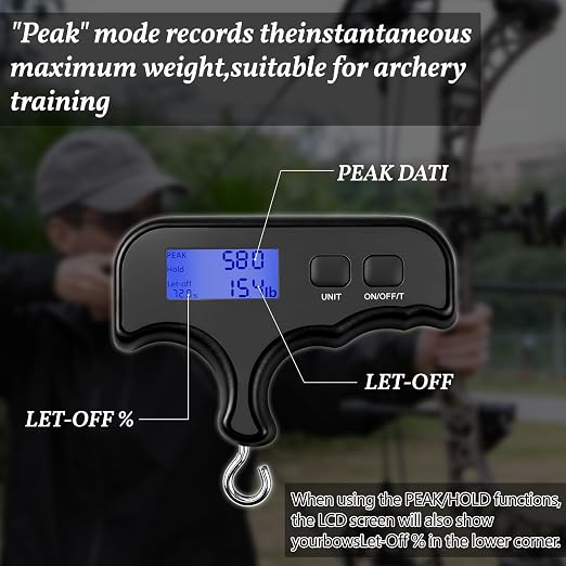 Portable Digital Bow Scale, 110Lbs/50kg High Accuracy Handheld Archery Draw Weight Scale with Hook & Peak Hold, Electronic Hanging Scale for Bow Tuning, Compound Bow, Recurve Bow, Fishing & Luggage