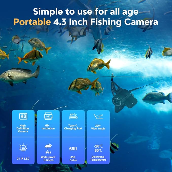 4.3inch Underwater Fishing Camera,65ft Cable 220° Ultra Wide Angle 21pcs IR Lights with Night Vision,Portable Storage Bag,5000mAh Fish Finder for Ice Fishing,Lake,Boat,Kayak