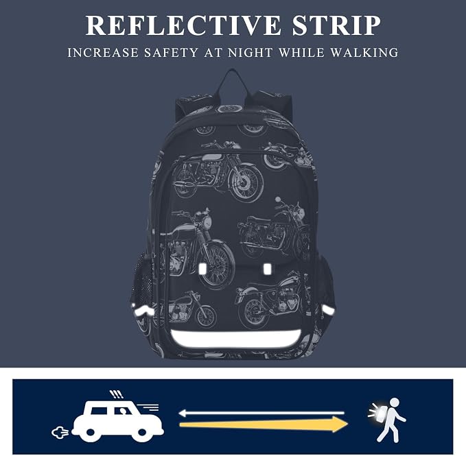 Fisyme Black White Motorcycles School Backpack Laptop Backpacks Bags Bookbag Travel Casual Computer Notebooks Daypacks