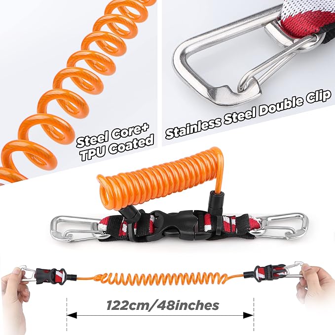 Scuba Retractable Lanyard, Stainless Steel Double-Clips and Spiral Core Anti-Lost Lanyard with Quick-Release Buckle