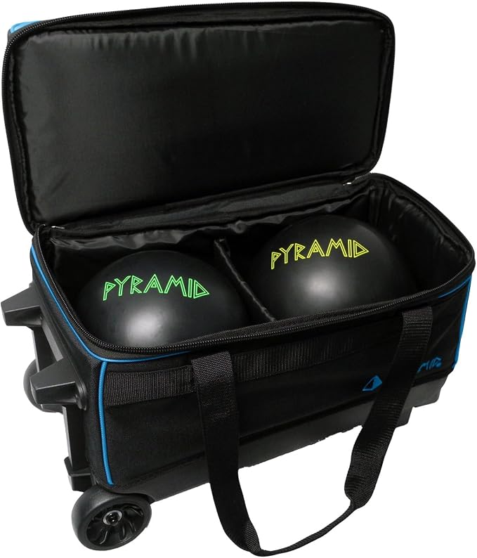 Pyramid Prime Double Roller 2 Ball Bowling Bag with Large Separate Compartment for Bowling Shoes (Up To US Mens Size 16) or Accessories, Locking Handle - Extends to 40"